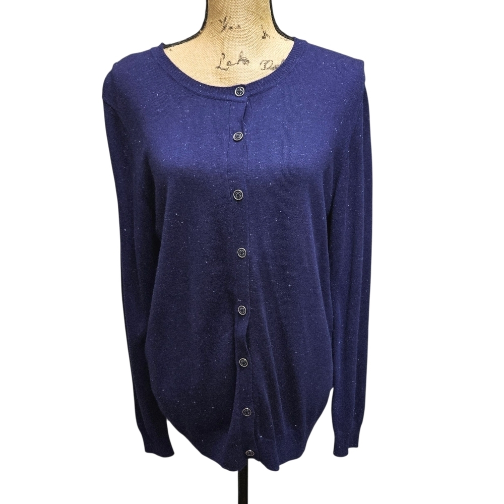 Nicole Miller Deep Blue Button-Up Navy Cardigan Metallic Thread Accent - Picture 4 of 15